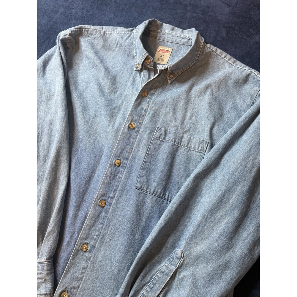 Dickies Mens Denim Work Longsleeve Shirt Heavyweight 100% Cotton XL Light Blue